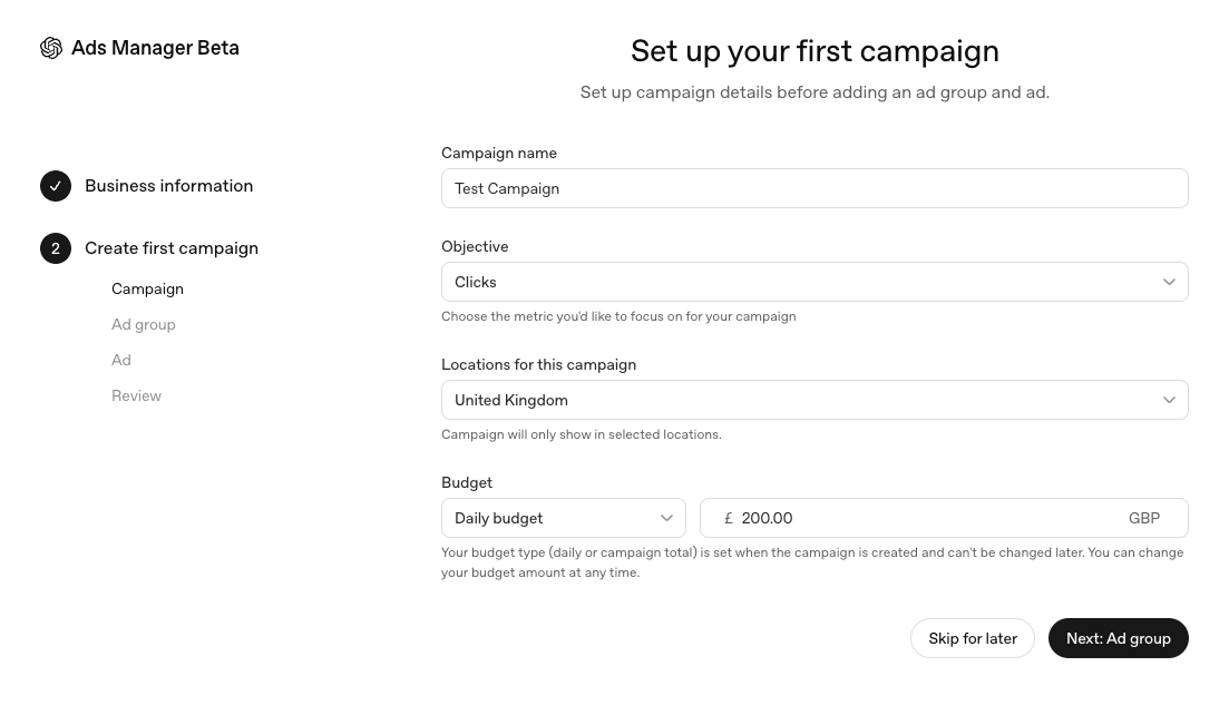 ChatGPT Ads Manager Beta campaign setup screen with objective, United Kingdom location and a daily budget