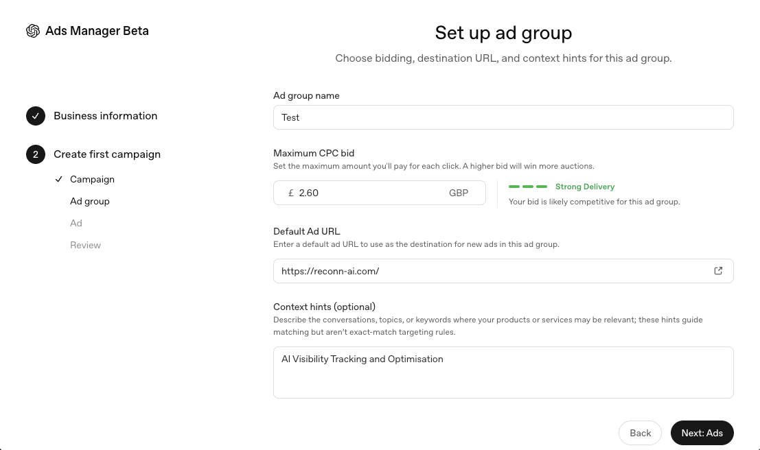 ChatGPT Ads Manager Beta ad group screen showing a maximum CPC bid, destination URL and context hints