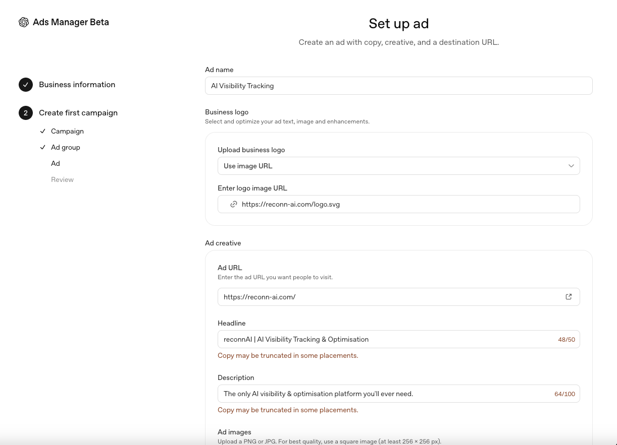 ChatGPT Ads Manager Beta ad creative screen with business logo, headline and description fields