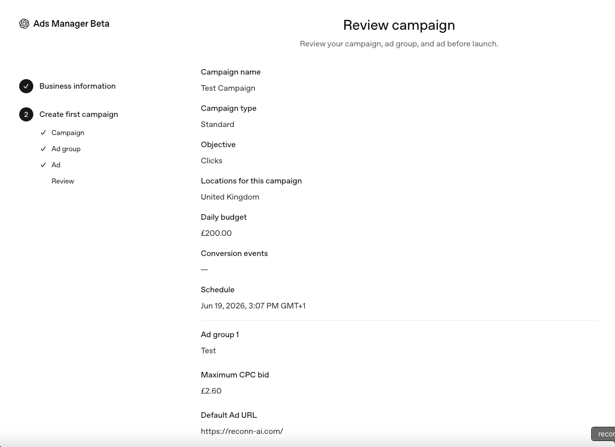 ChatGPT Ads Manager Beta review screen summarising the campaign, ad group and ad before launch